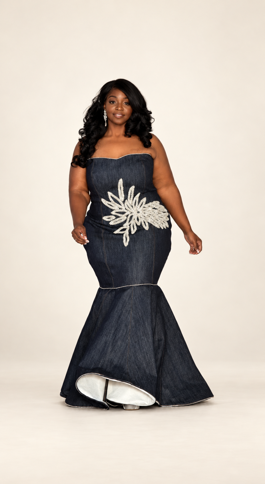 Denim mermaid gown with sparkling floral embellishment