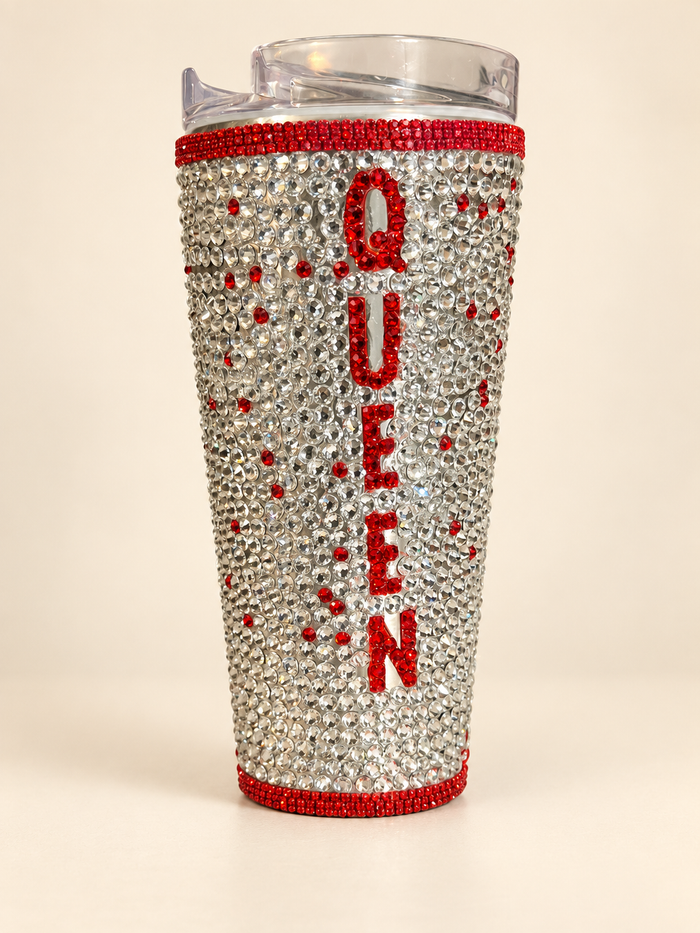 Personalized Queen tumbler embellished with clear and red glass crystals